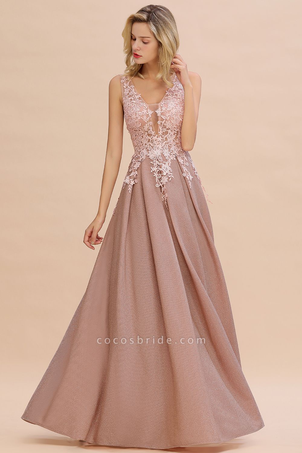 Long A-line V-neck Sleeveless Lace Bridesmaid Dresses