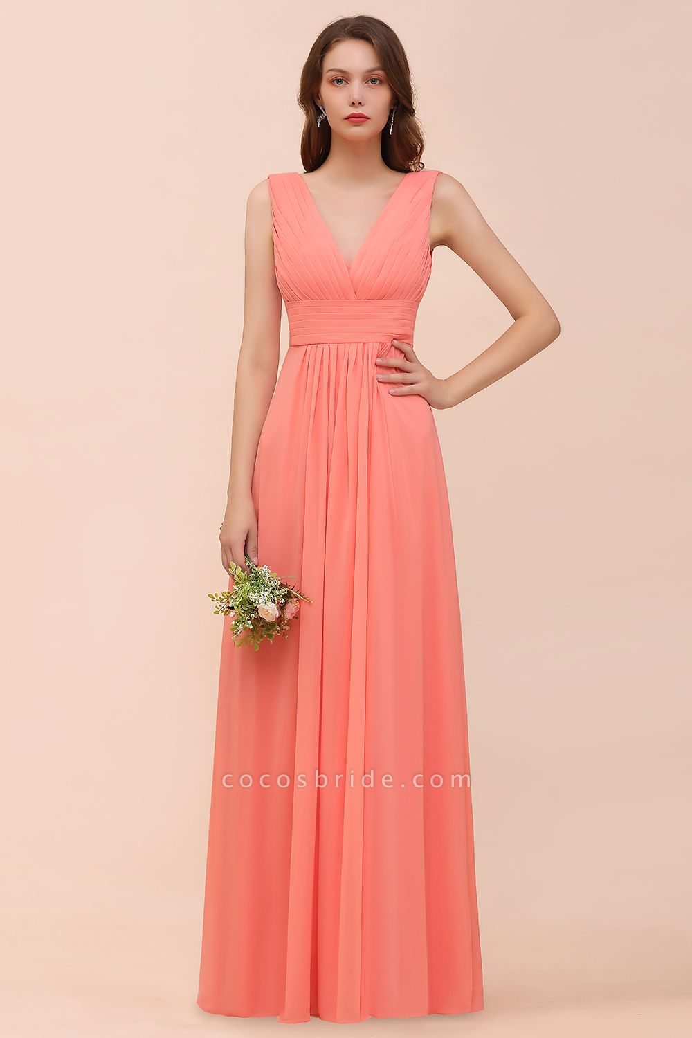 Elegant Long A-line V-Neck Ruffle Coral Chiffon Bridesmaid Dress