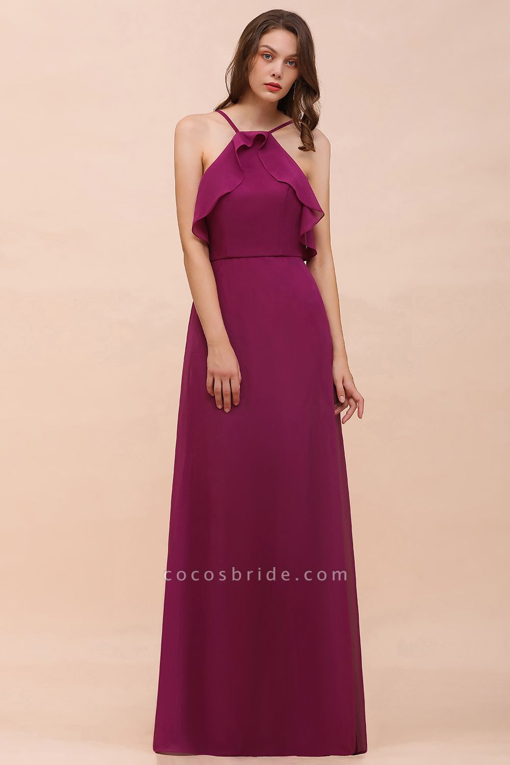 Stylish Long A-line Chiffon Halter Mulberry Bridesmaid Dress with Pockets