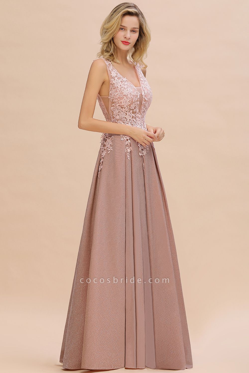 Long A-line V-neck Sleeveless Lace Bridesmaid Dresses