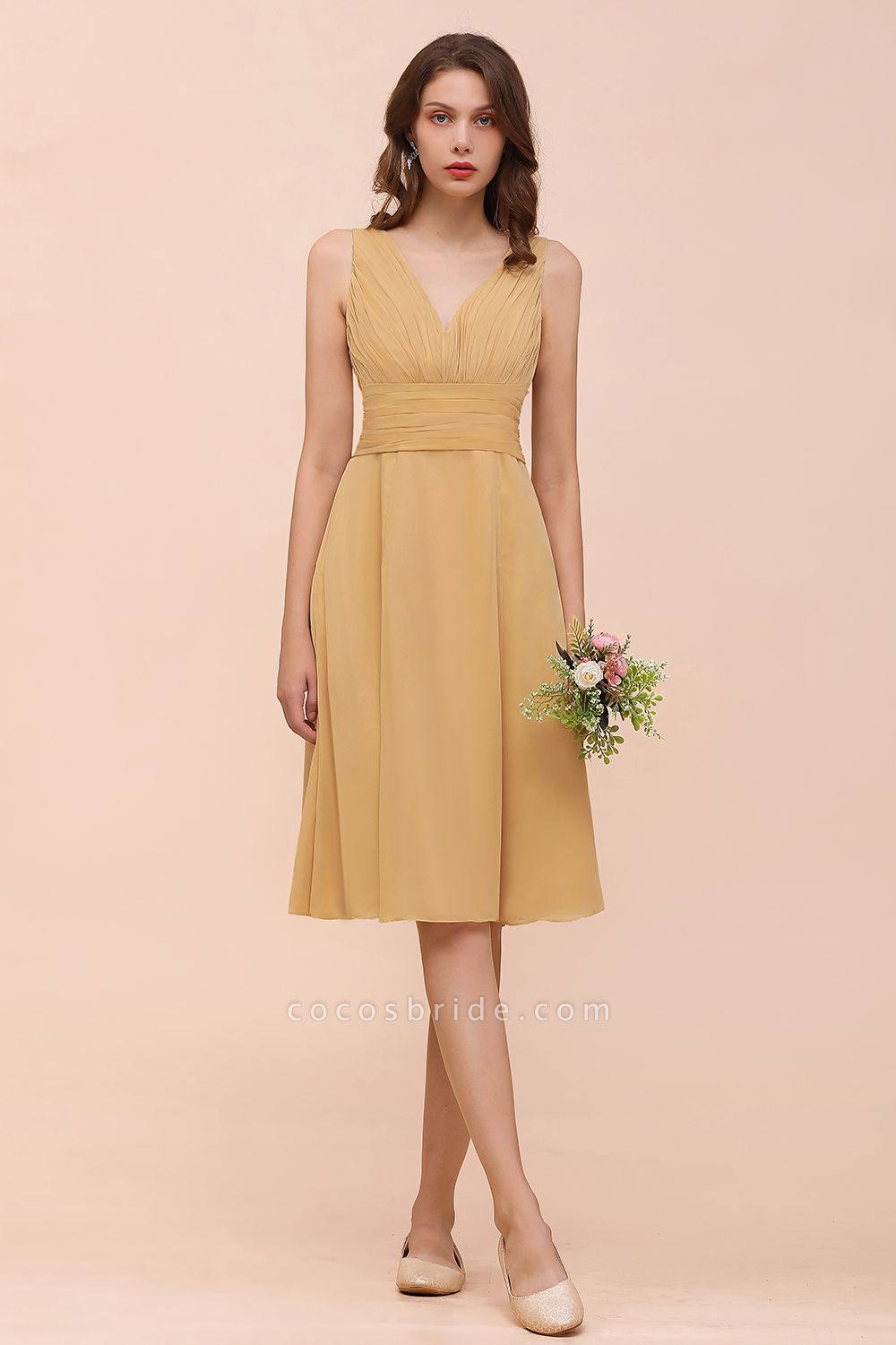 Affordable Short A-line V-neck Gold Chiffon Bridesmaid Dress with Bow