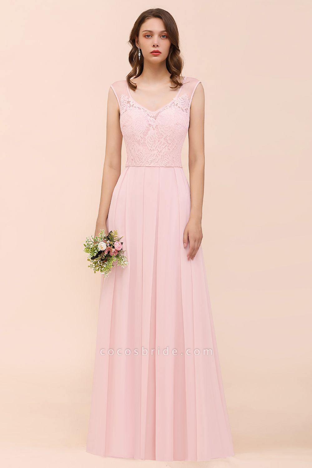 Elegant Long A-line Sweetheart Lace Chiffon Pink Bridesmaid Dress