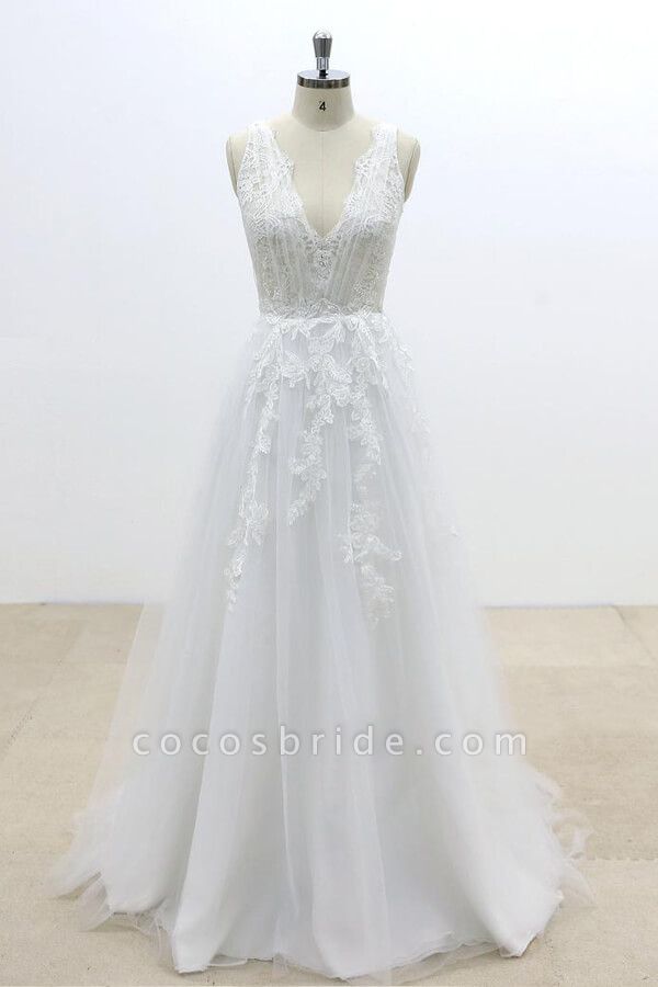 Ruffle V-neck Appliques Tulle A-line Wedding Dress
