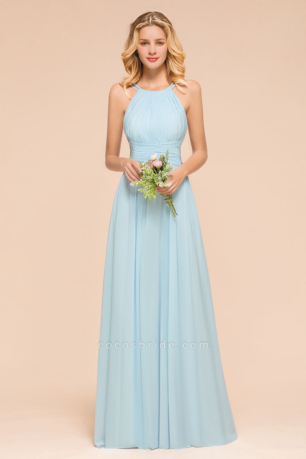 Gorgeous Long A-line Halter Chiffon Sky Blue Bridemaid Dress with Ruffle