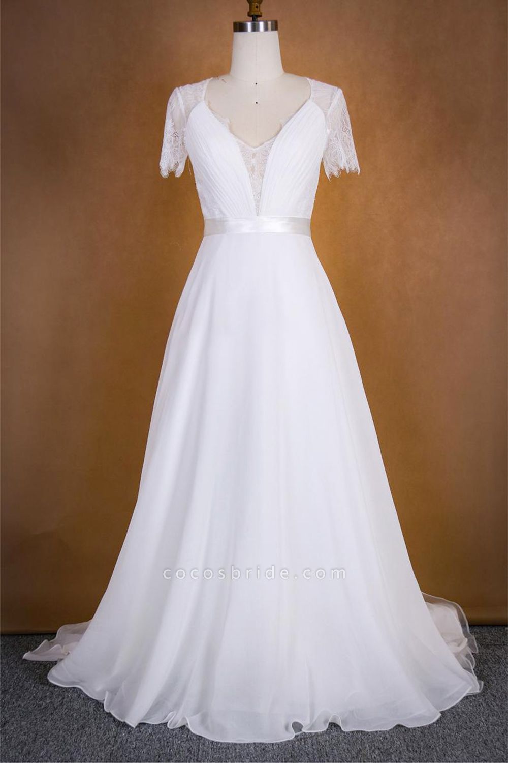 Ruffle Short Sleeve Lace Chiffon Wedding Dress