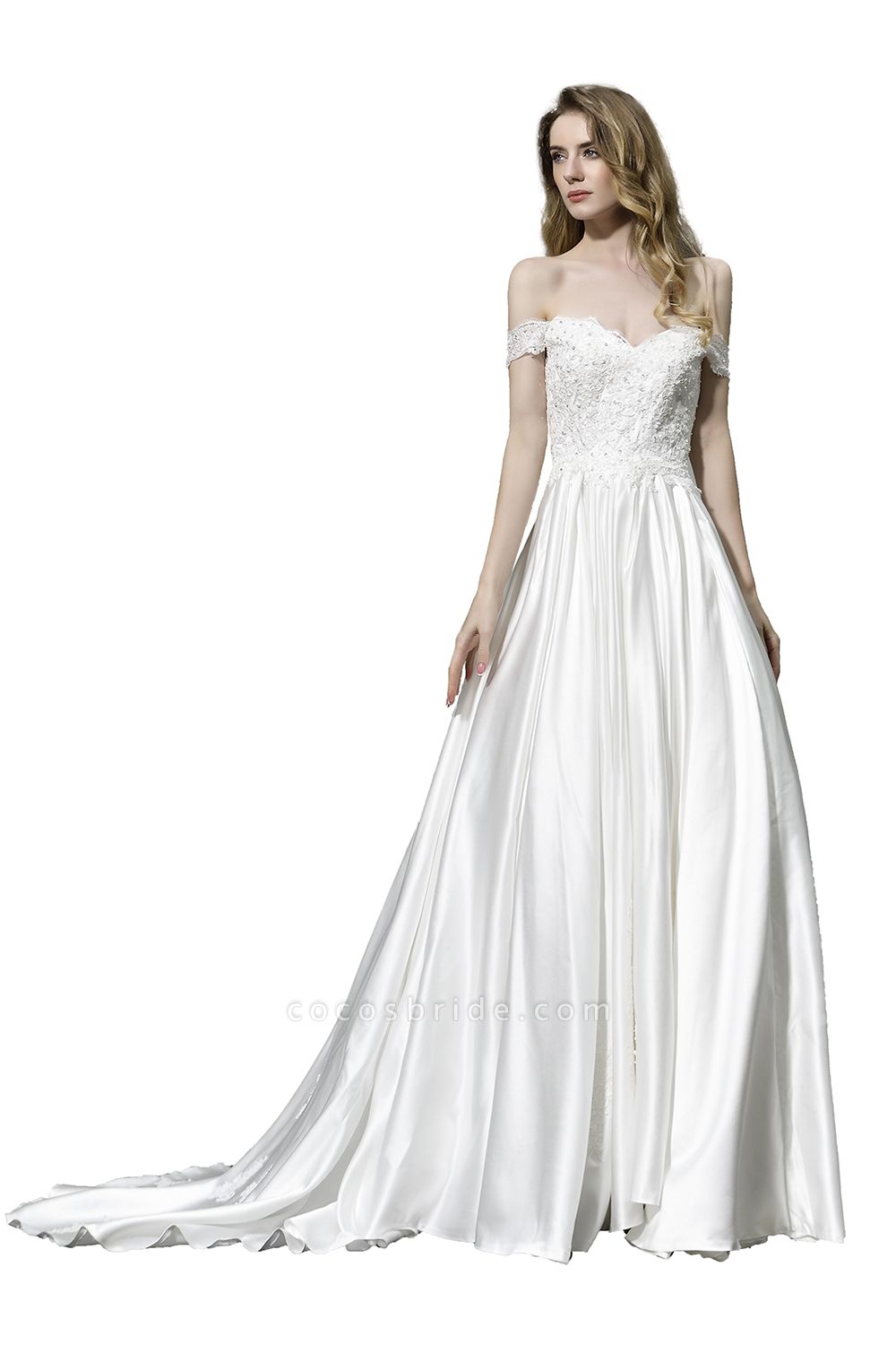 A Line Off the Shoulder Sweetheart Lace Satin Wedding Dress