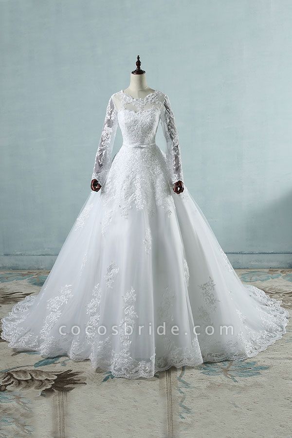 Long Sleeve Appliques Tulle A-line Wedding Dress