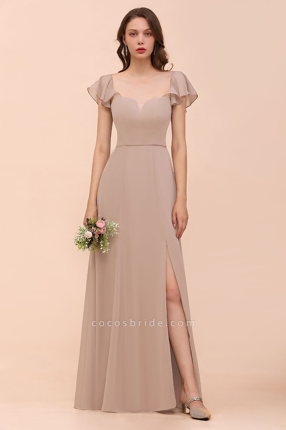 Elegant Long A-line Square Front Slit Chiffon Bridesmaid Dress with Cap Sleeves
