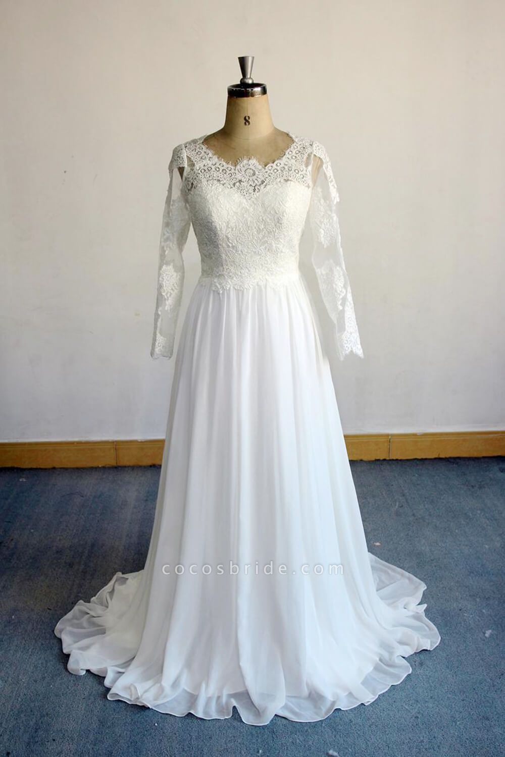Open Back Long Sleeve Lace Chiffon Wedding Dress