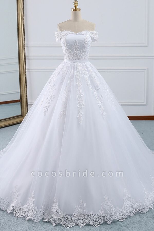 Lace-up Off Shoulder Appliques Tulle Wedding Dress