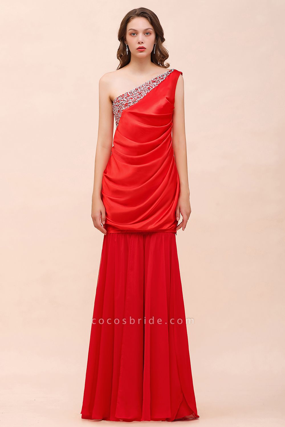 Chic Long One Shoulder Beading Ruffle Bridesmaid Dress with Detachable Skirt