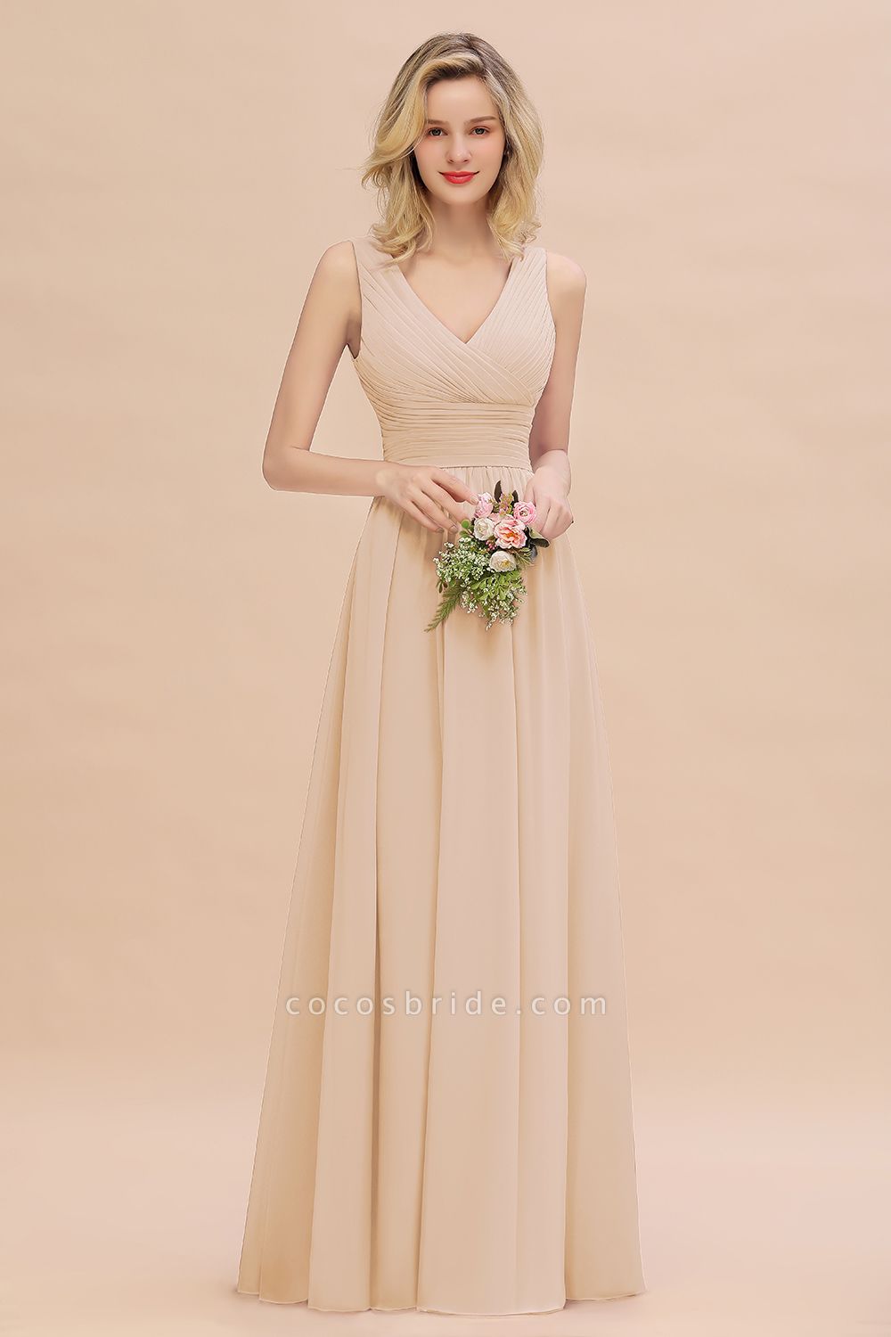 BM0752 Elegant A-line V-Neck Ruffles Long Bridesmaid Dress