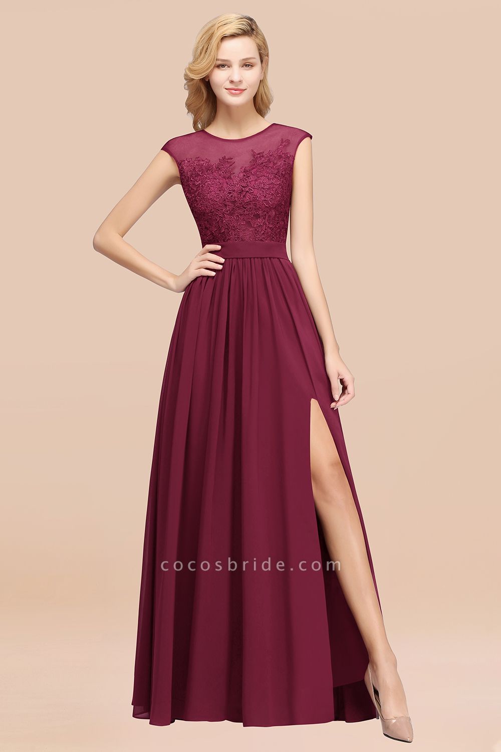 A-line Chiffon Lace Jewel Sleeveless Floor-Length Bridesmaid Dresses with Appliques