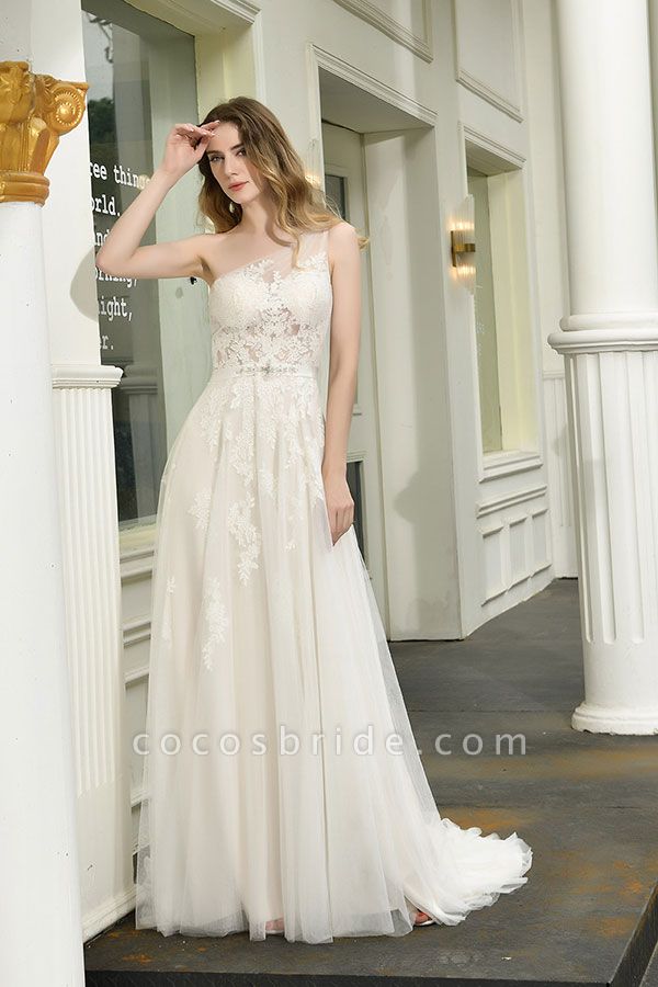 Chic One Shoulder Tulle Lace A-Line Wedding Dress