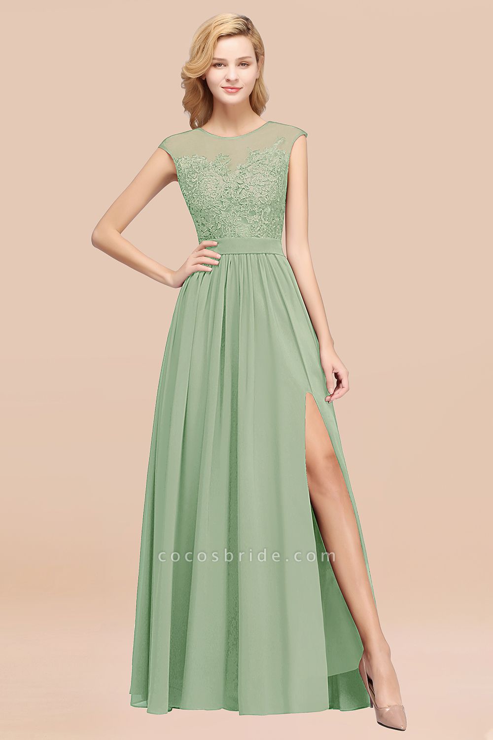 A-line Chiffon Lace Jewel Sleeveless Floor-Length Bridesmaid Dresses with Appliques