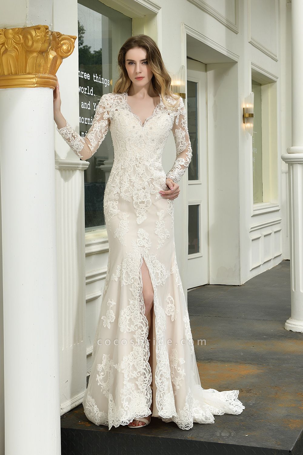 Exquisite V-Neck Long Sleeve Mermaid Wedding Dress