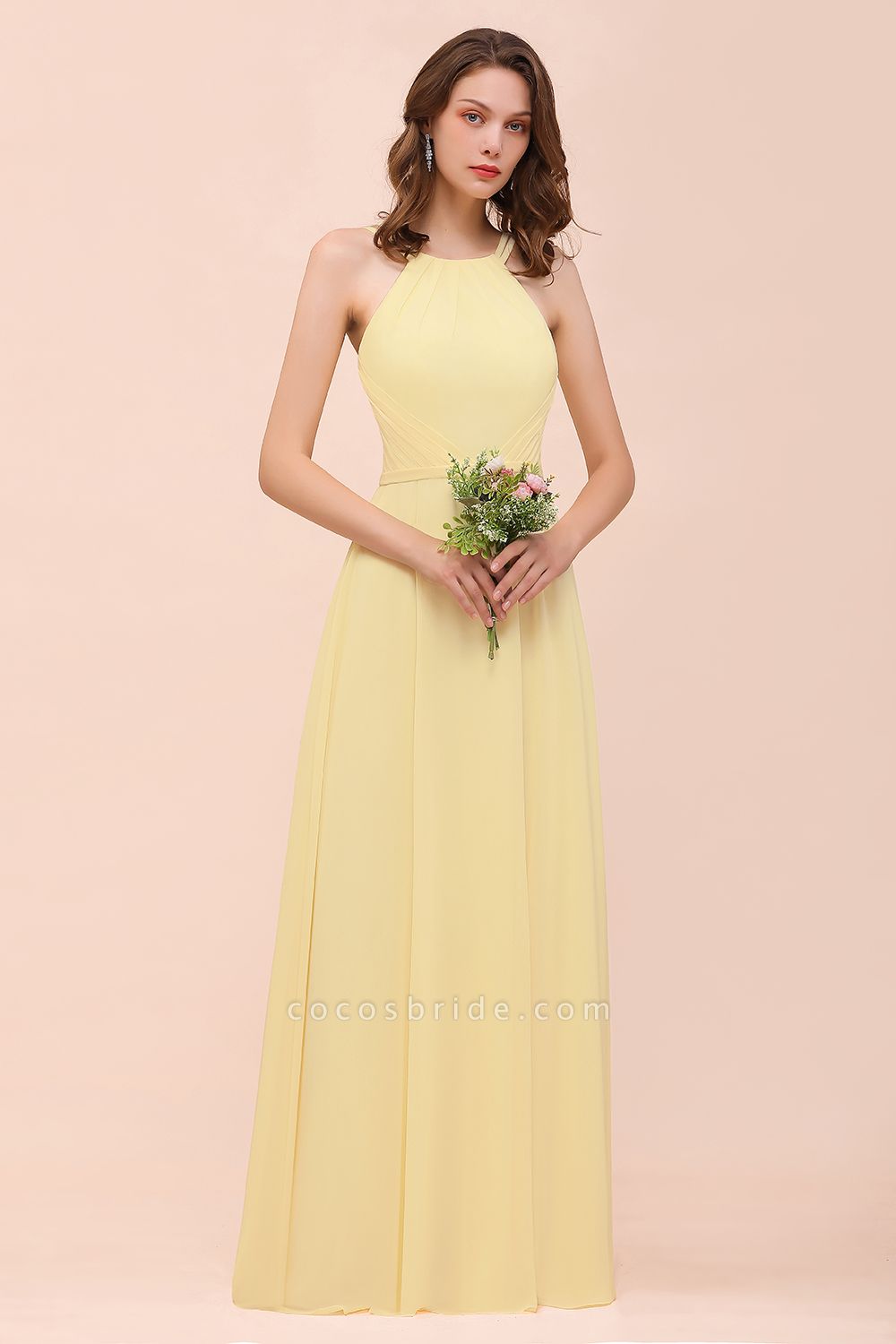 Affordable Long A-line Jewel Chiffon Daffodil Bridesmaid Dress with Ruffle