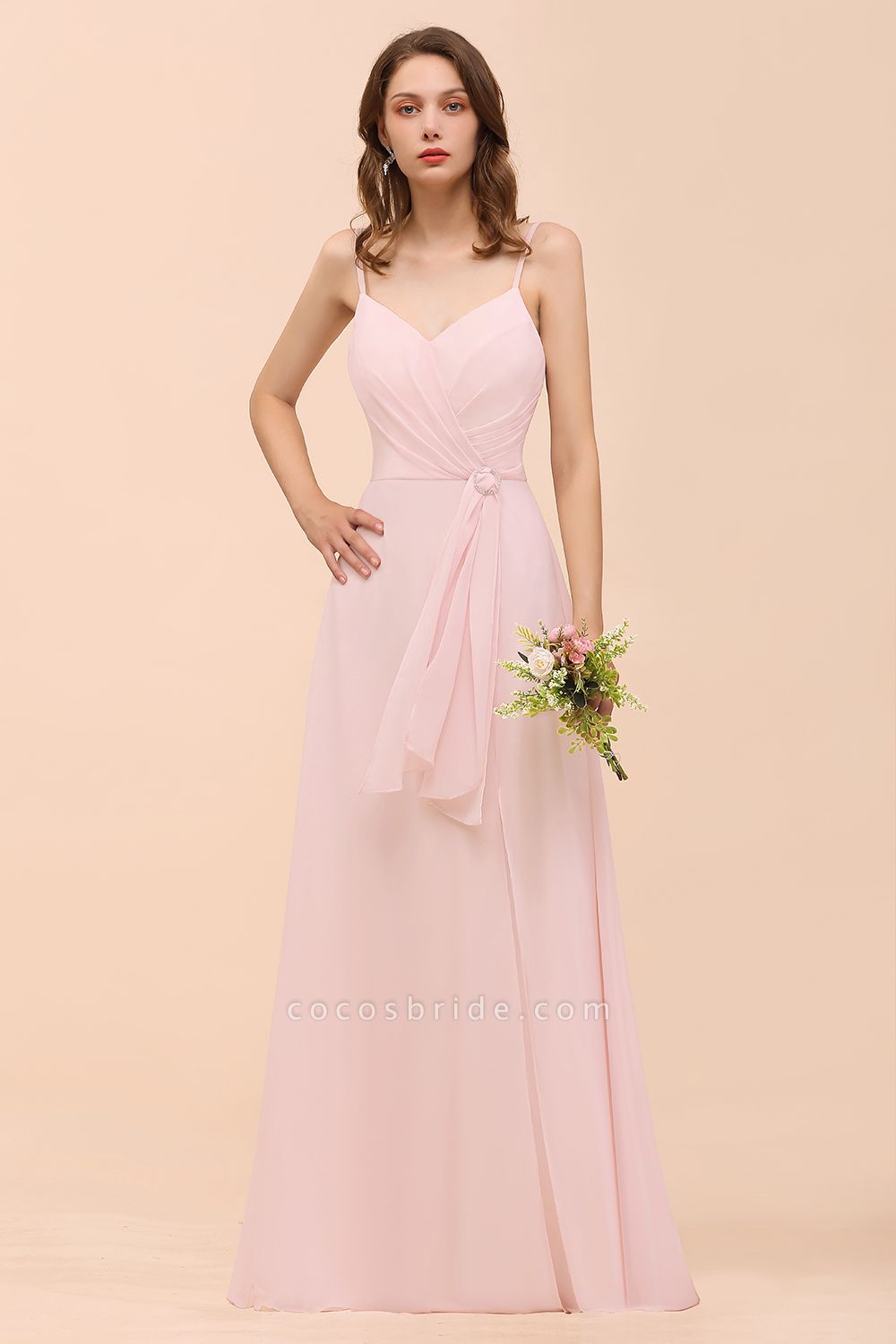 Long A-line V-neck Spaghetti Straps Ruffle Blushing Pink Chiffon Bridesmaid Dress