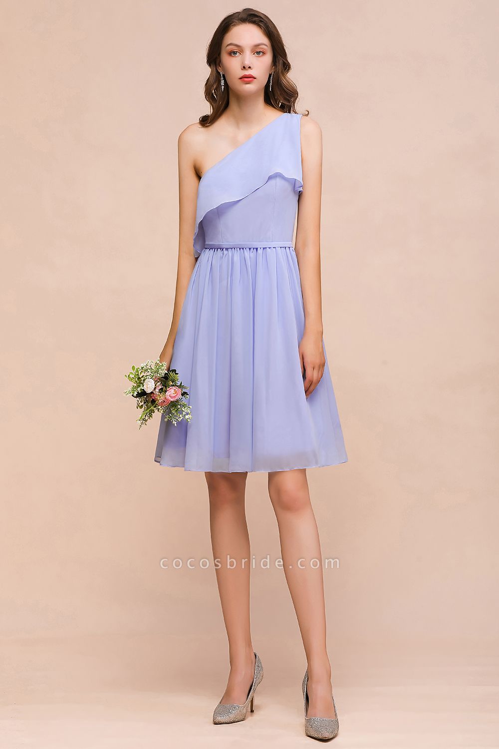 Affordable Short A-line One Shoulder Lavender Ruffle Chiffon Bridesmaid Dress