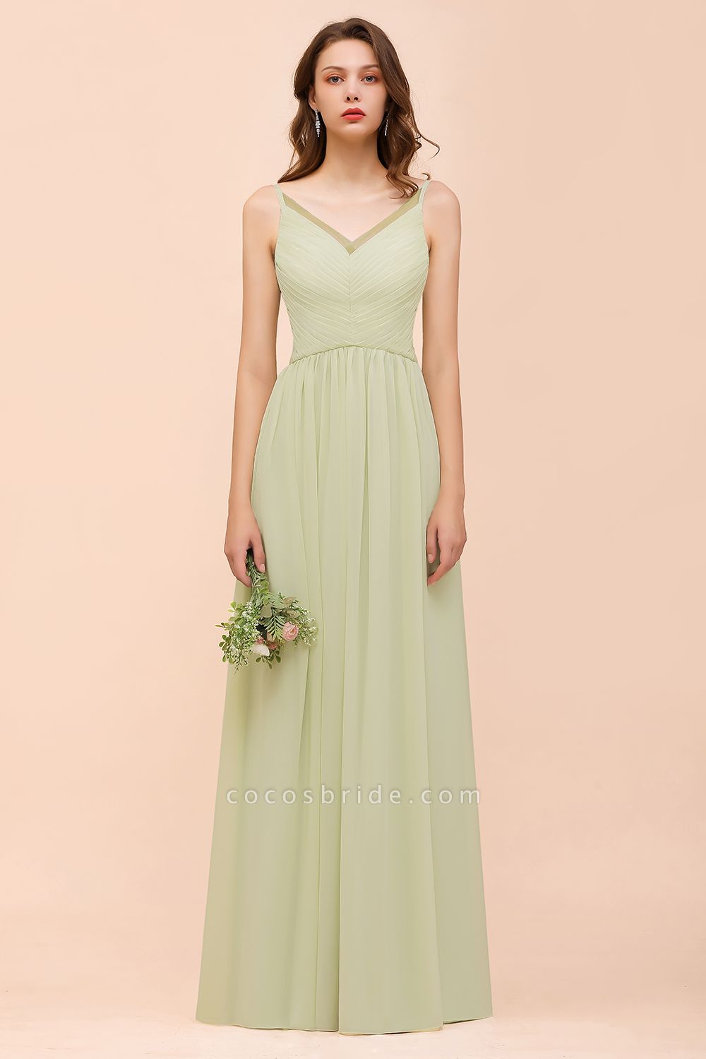 Popular Long A-line V-neck Chiffon Sage Open Back Bridesmaid Dress