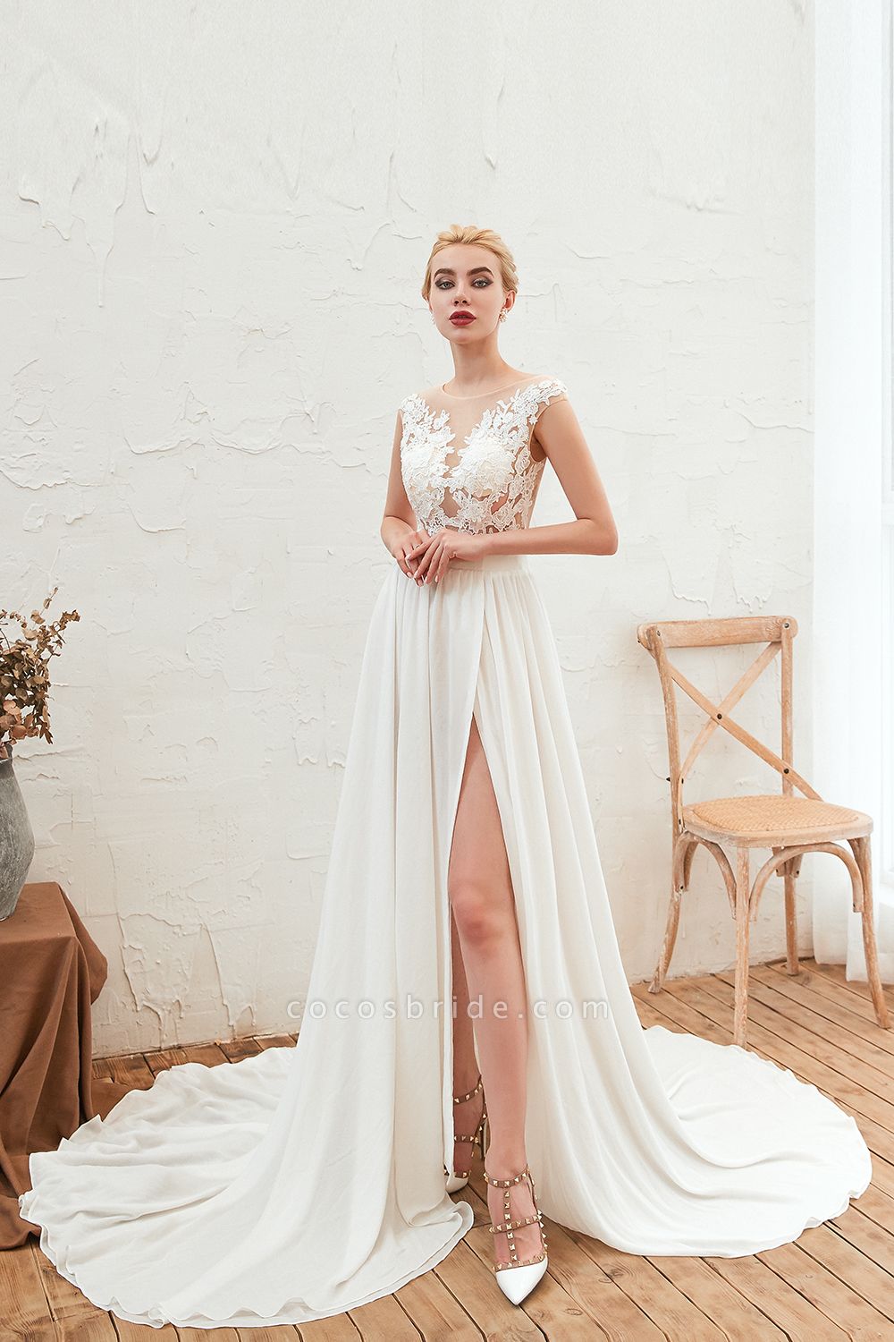 High Slit Appliques Chiffon A-line Wedding Dress