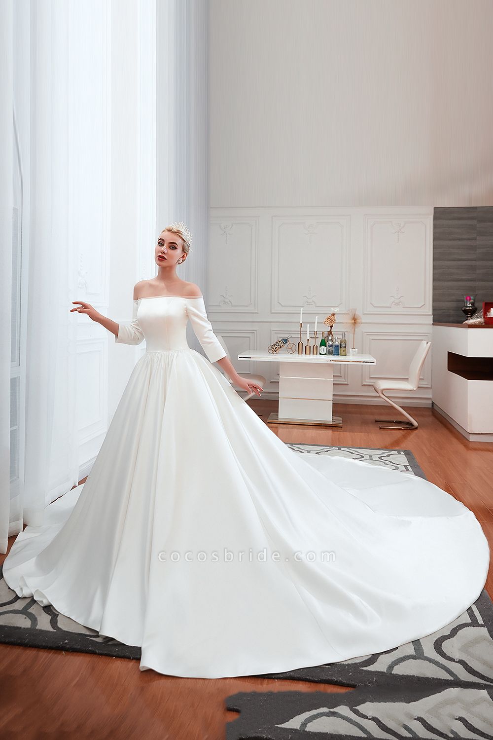 Off Shoulder Lace-up Satin A-line Wedding Dress