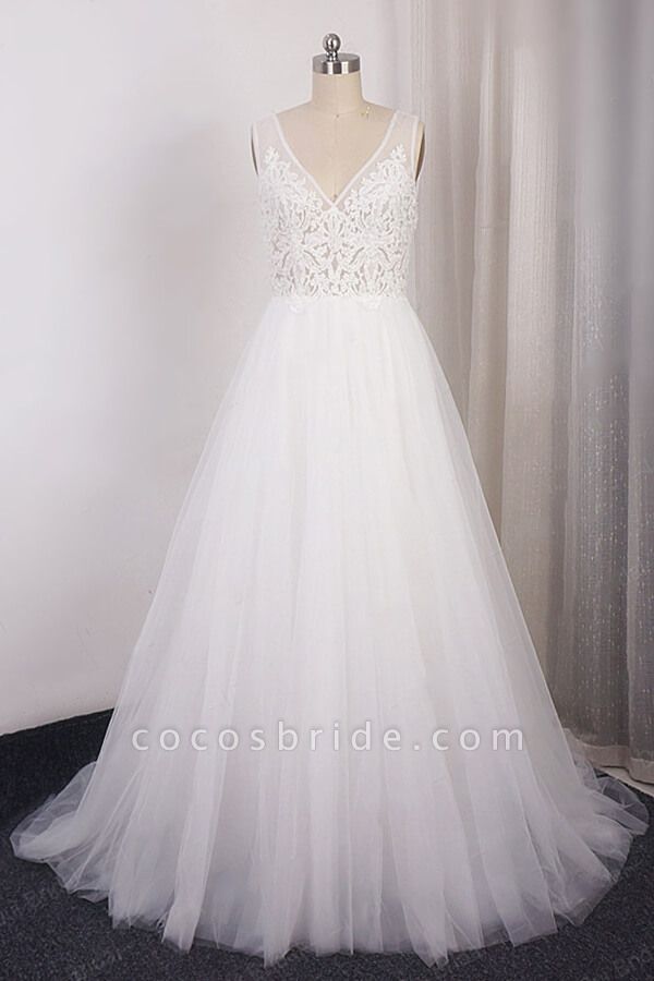 V-neck Appliques Tulle A-line Wedding Dress