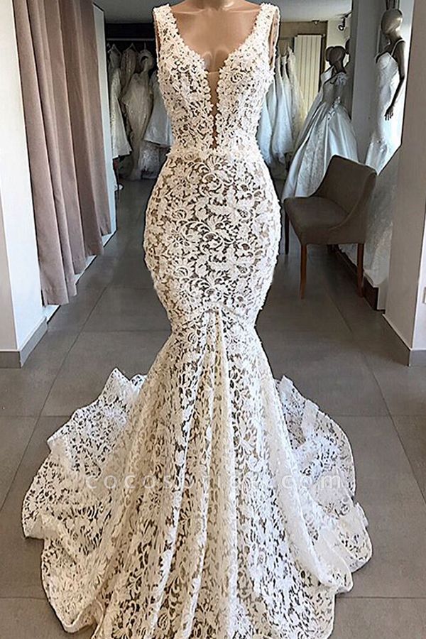 Vintage V-neck Mermaid Lace Wedding Dresses