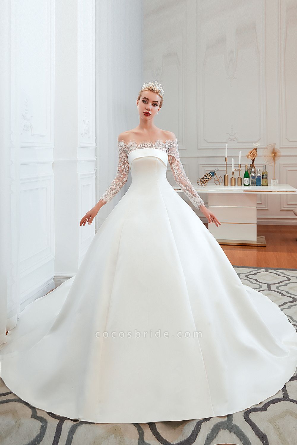 Off Shoulder Long Sleeve Lace Satin Wedding Dress