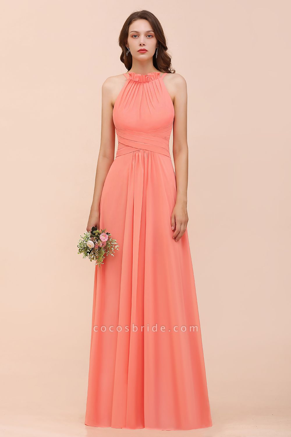 Charming Coral Chiffon Sleeveless A-Line Halter Floor-length Bridesmaid Dresses