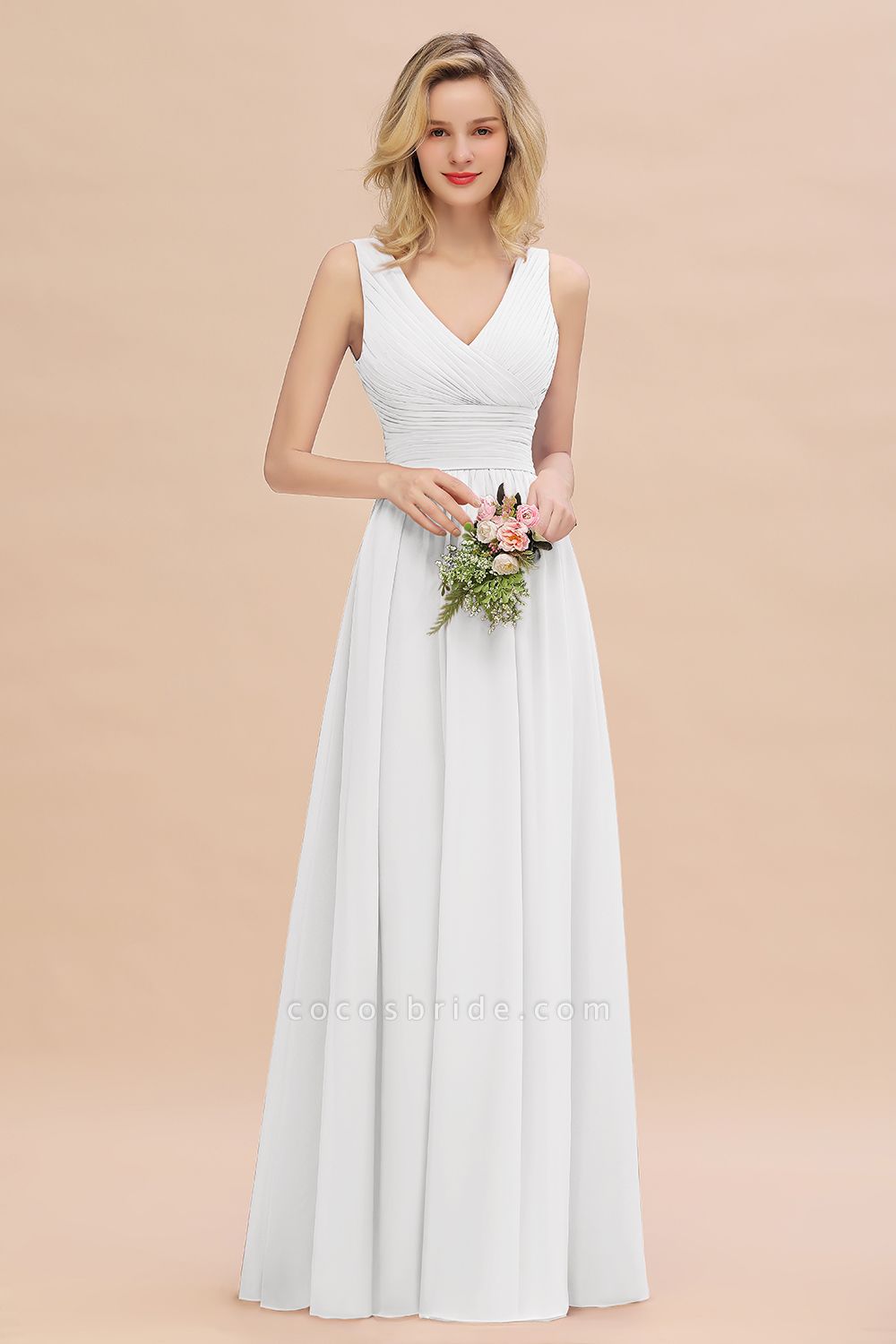 BM0752 Elegant A-line V-Neck Ruffles Long Bridesmaid Dress