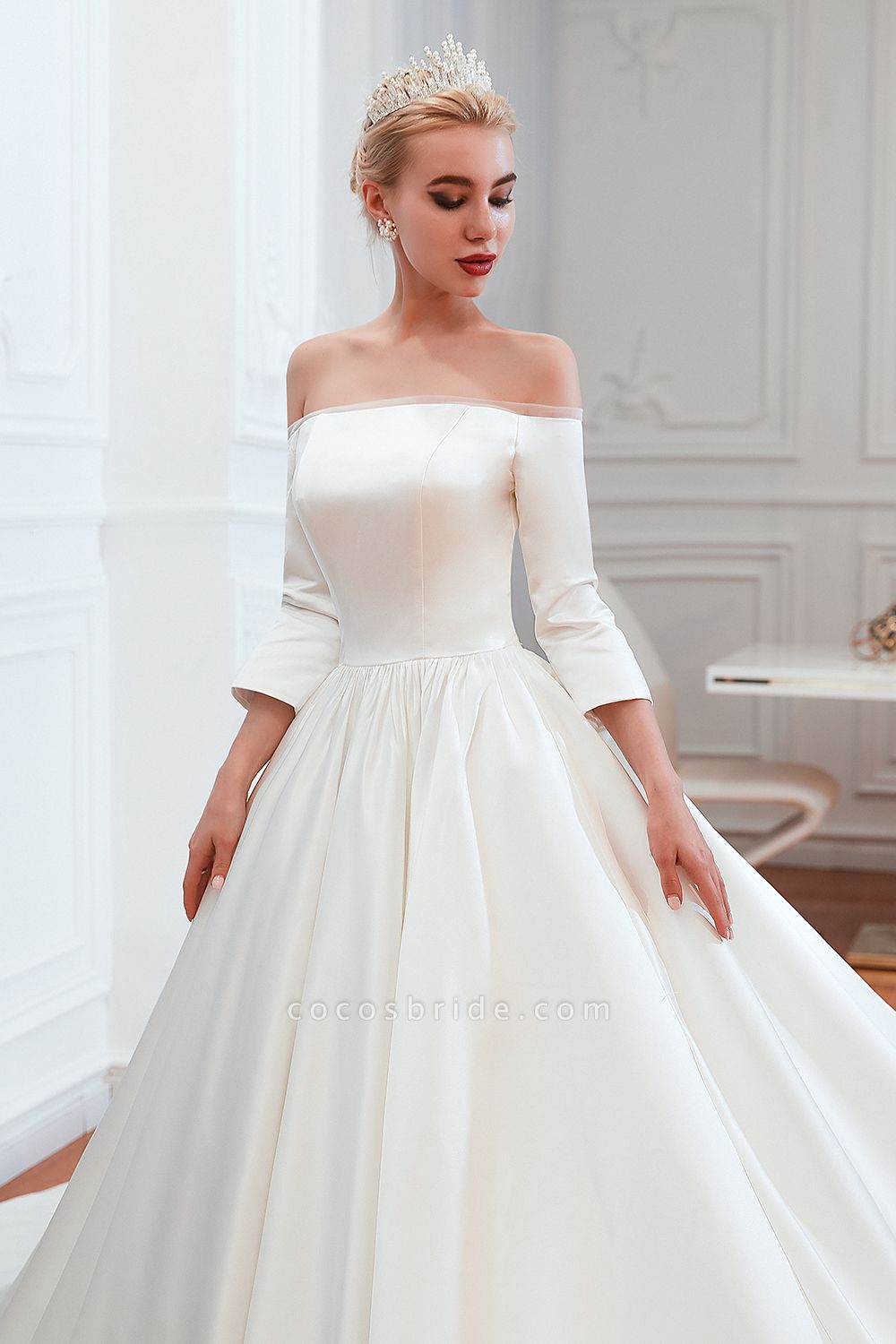 Off Shoulder Lace-up Satin A-line Wedding Dress-Wedding Dress | Cocosbride