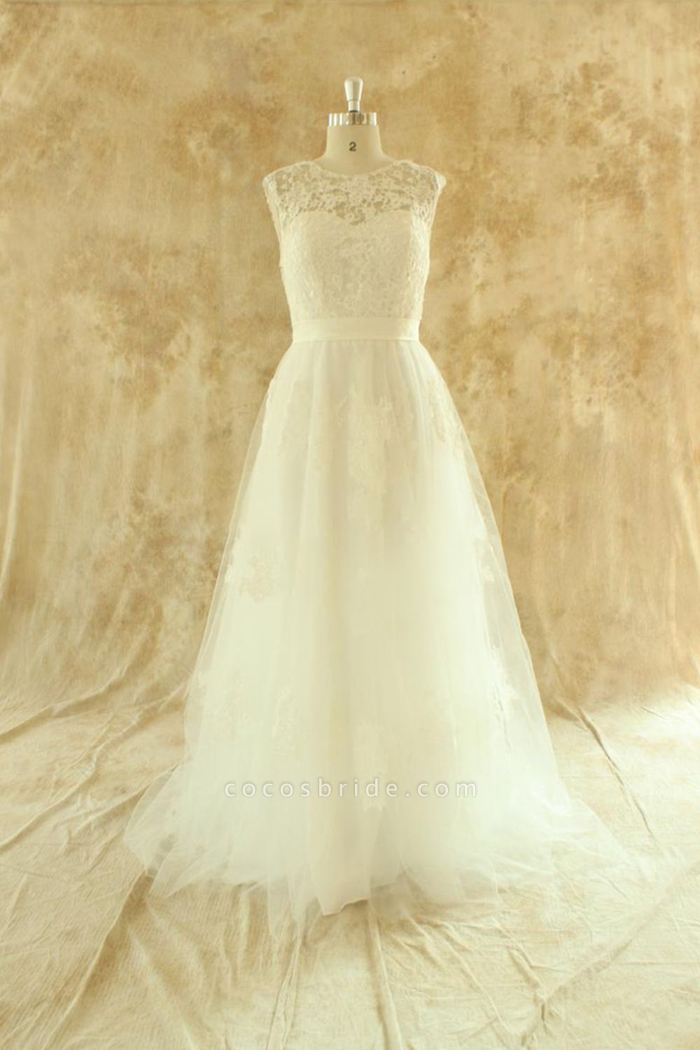 Lange A-Linie Tüll Jewel bodenlangen Spitzen-Hochzeitskleid
