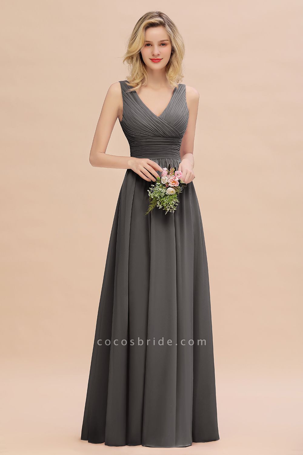 BM0752 Elegant A-line V-Neck Ruffles Long Bridesmaid Dress