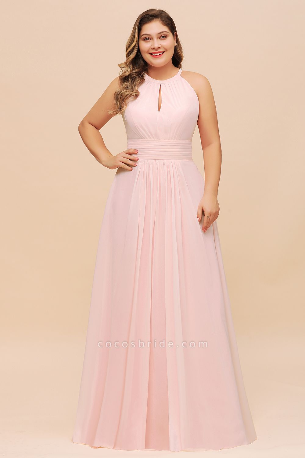 Affordable Plus Size Long Halter Chiffon Pink Bridesmaid Dress
