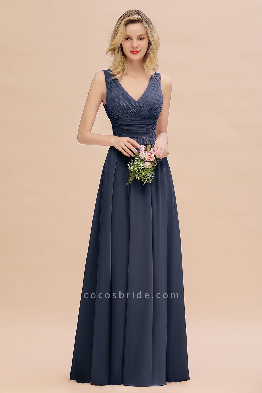 BM0752 Elegant A-line V-Neck Ruffles Long Bridesmaid Dress