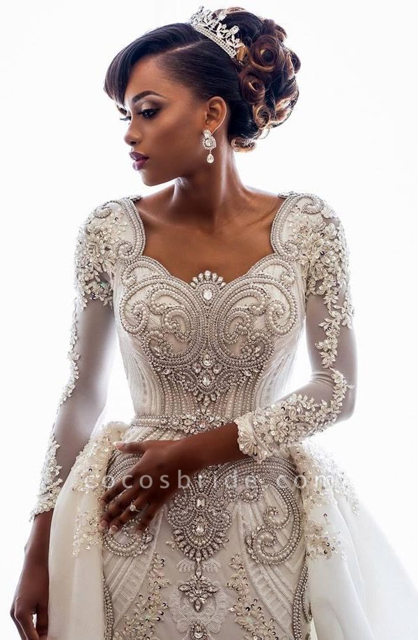 Mermaid Beads Lace Appliques Long Sleeve Wedding Dresses with Overskirt