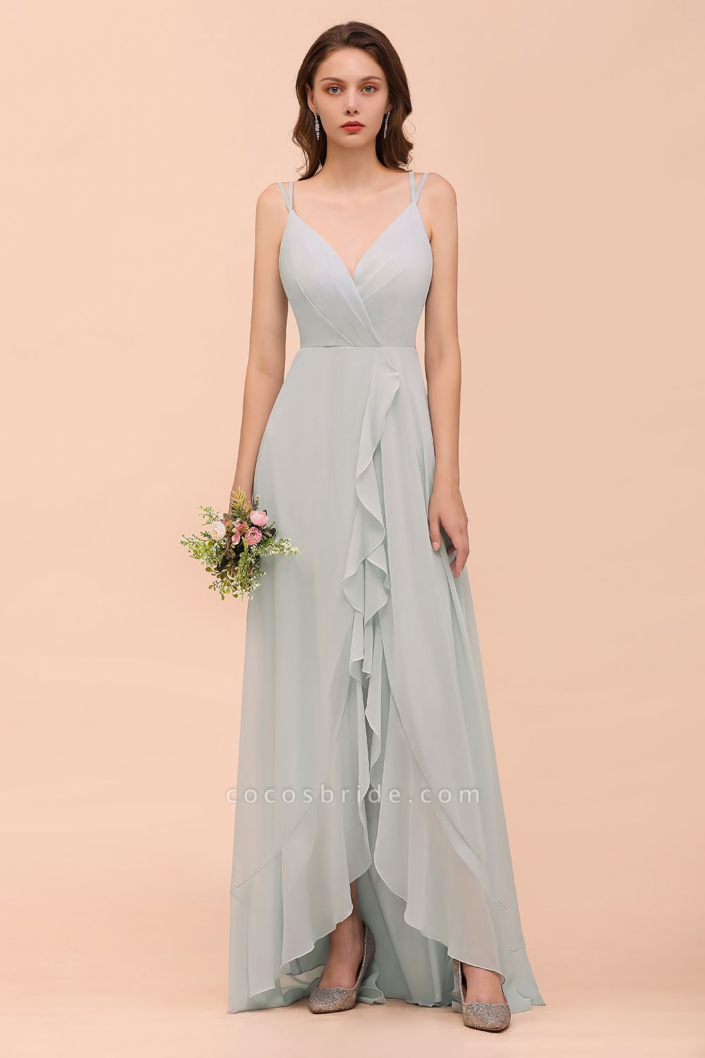 Affordable Long A-line V-neck Ruffle Chiffon Bridesmaid Dress