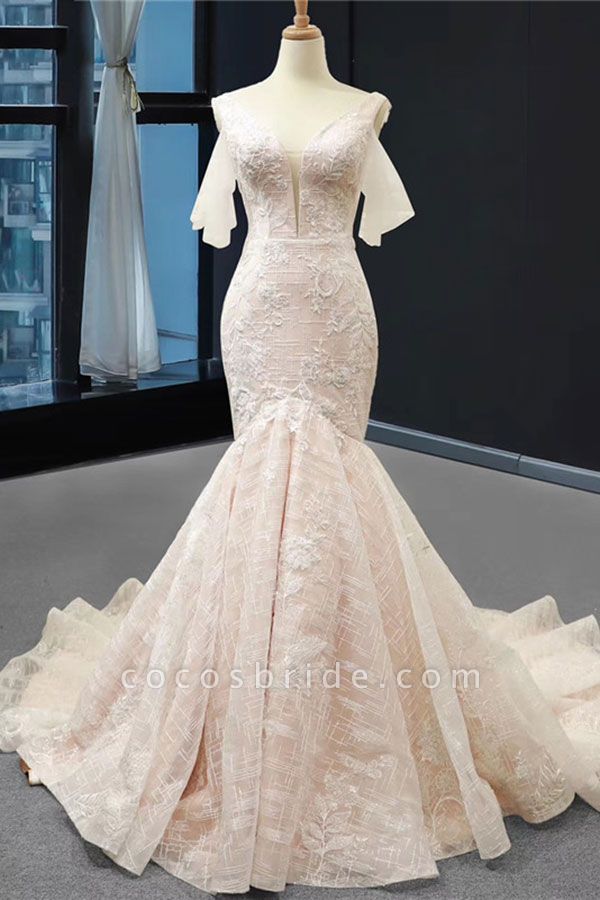 Meerjungfrau-Hochzeitskleid mit V-Ausschnitt und kurzen Ärmeln