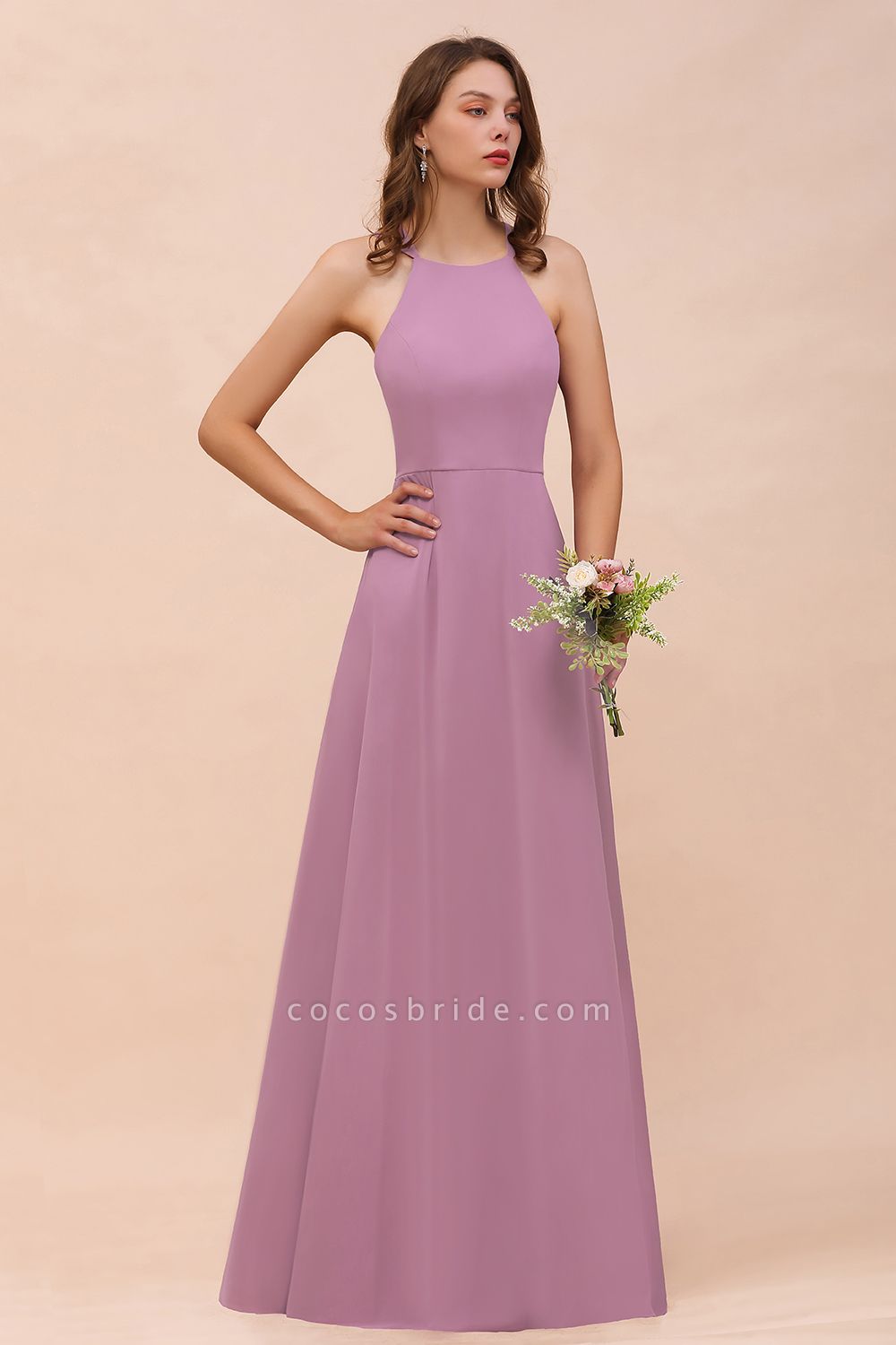 Chic Halter A-Line Chiffon Floor-length Open Back Bridesmaid Dresses