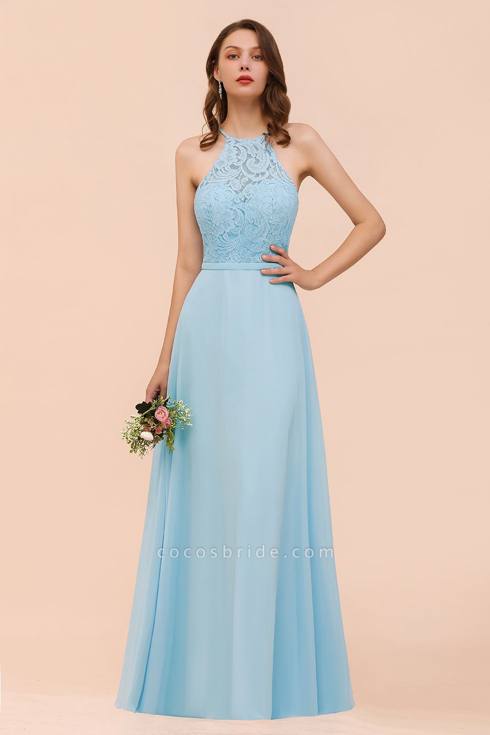 Sky Blue Halter Appliques Chiffon A-Line Bridesmaid Dress Sleeveless Party Dress