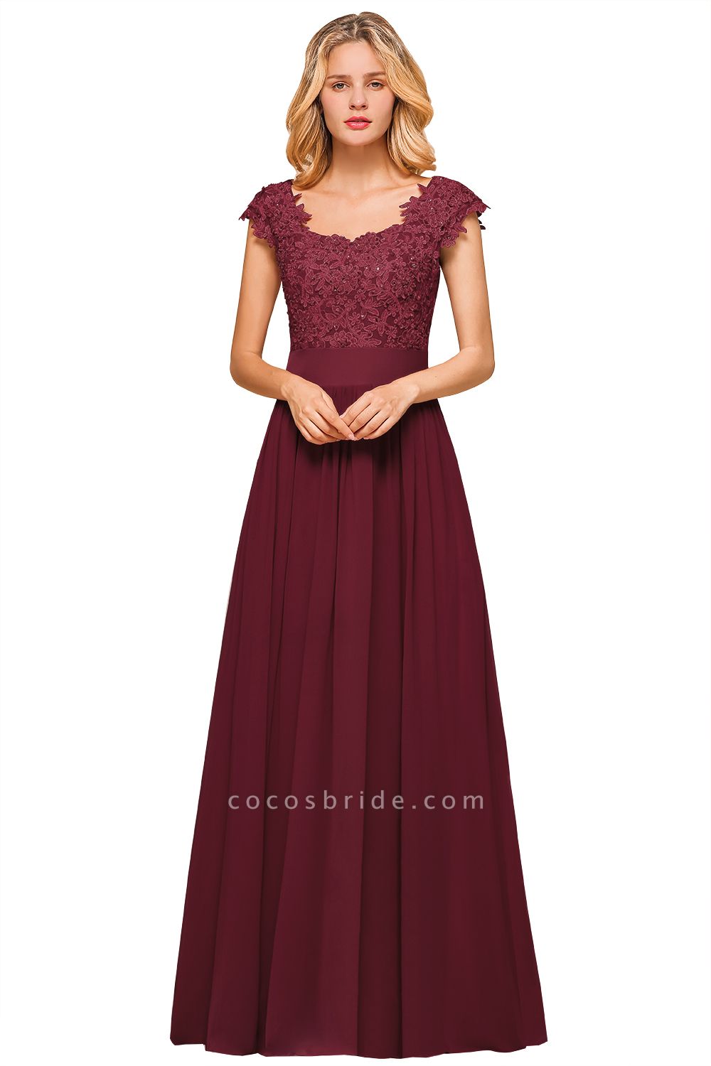 Burgundy Cap sleeves Lace Evening Gowns with Appliques