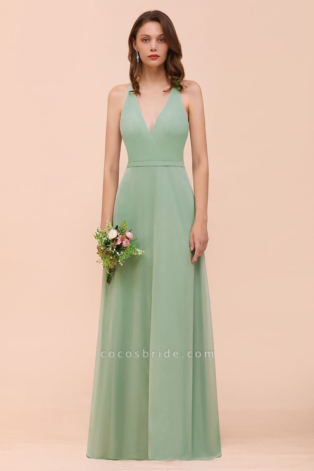 Simple V-neck Wide Straps A-line Chiffon Bridesmaid Dress With Pockets