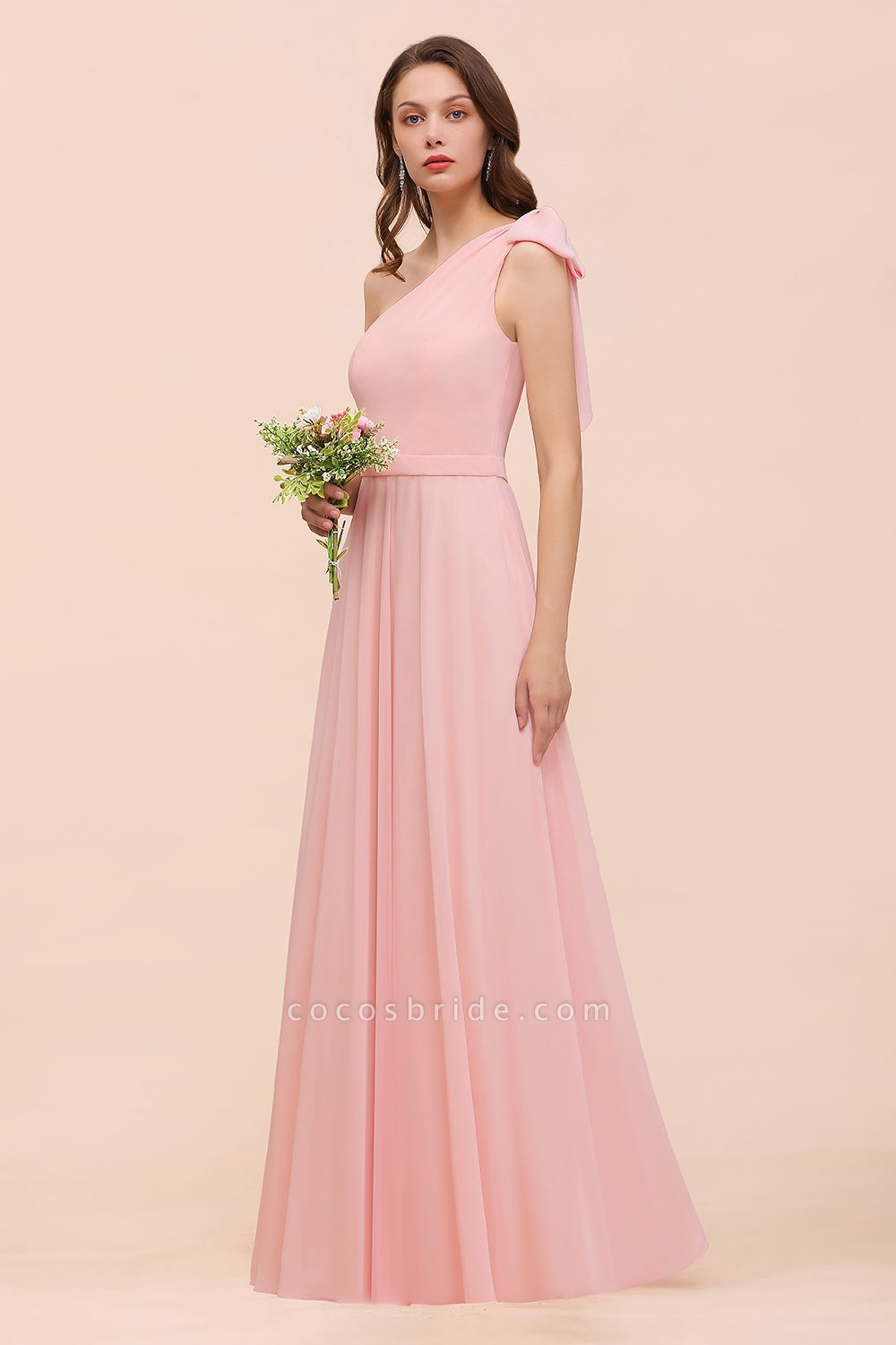 Pink One Shoulder A-Line Soft Chiffon Floor-length Bridesmaid Dress With Bowknot