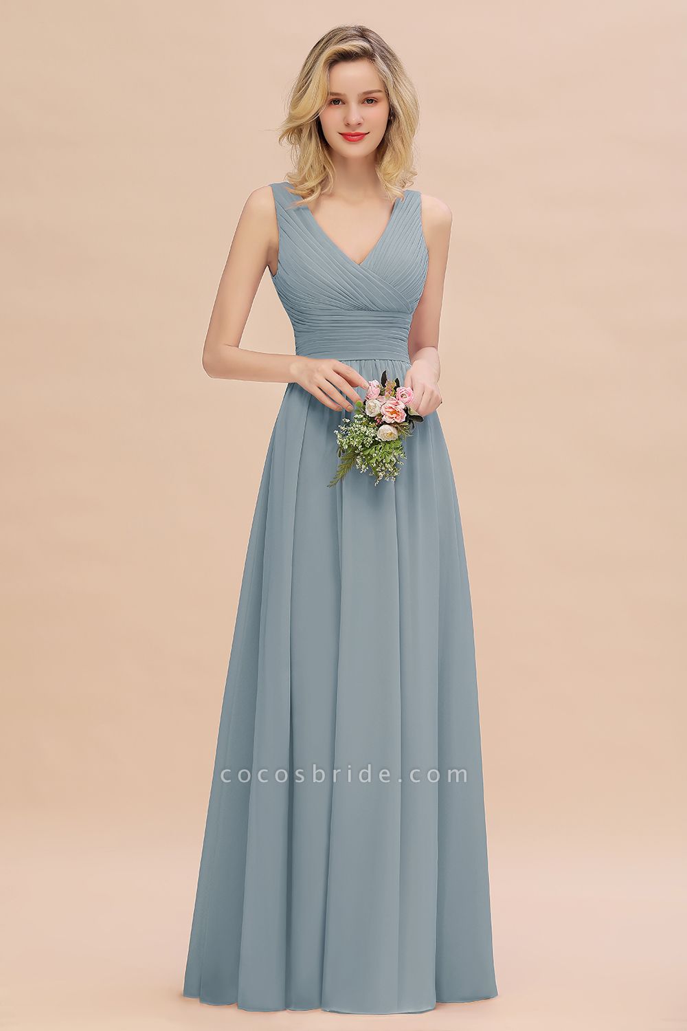 BM0752 Elegant A-line V-Neck Ruffles Long Bridesmaid Dress