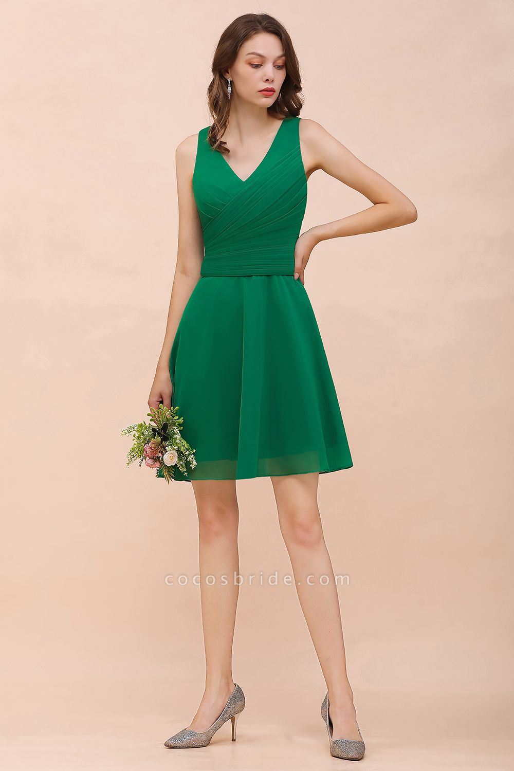 Vintage V-neck Wide Straps A-line Chiffon Short Bridesmaid Dress With Ruched