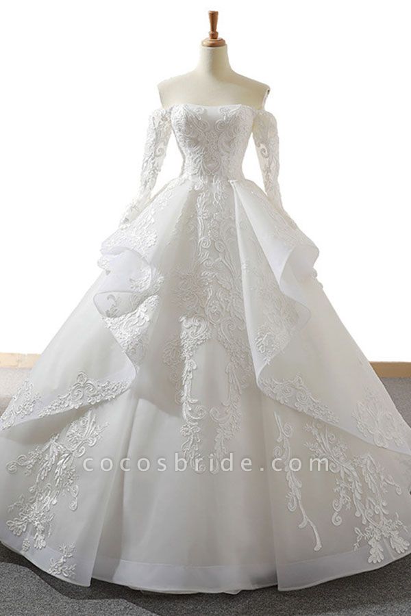 Lace-up Off Shoulder Long Sleeve Tulle Wedding Dress