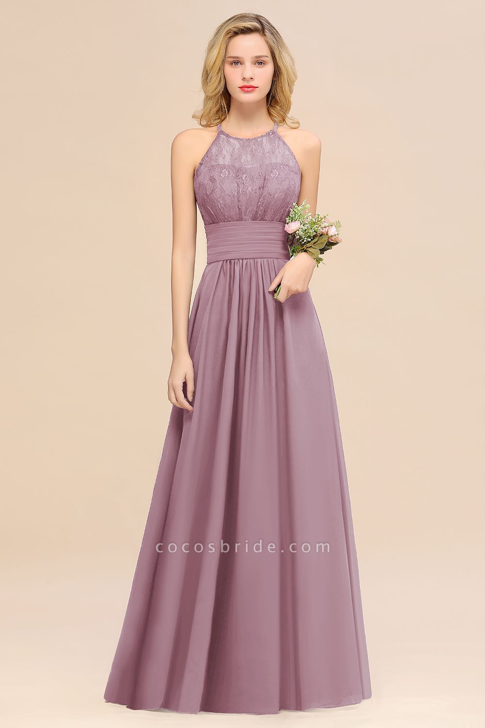 BM0766 Elegant Halter Ruffles Sleeveless Grape Lace Bridesmaid Dresses Affordable