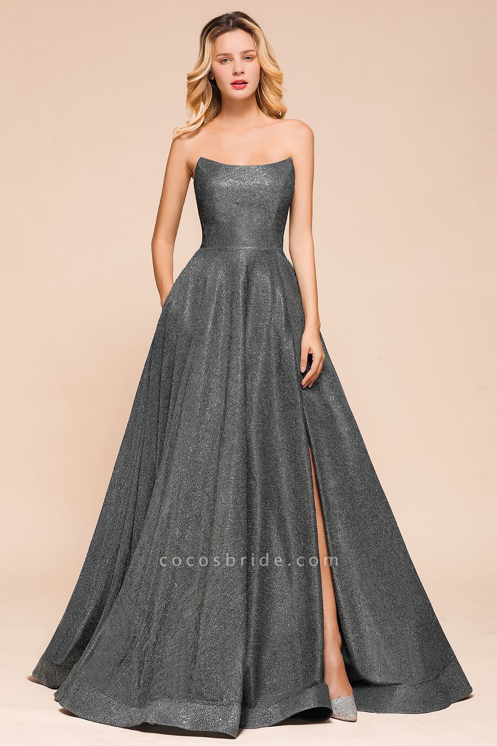 Glitter Strapless Backless Split Long Prom Dress