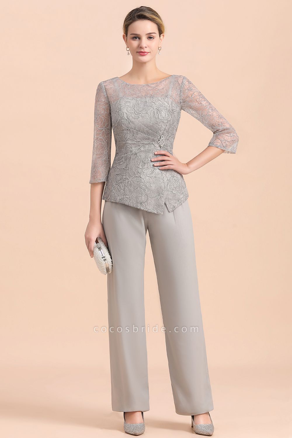 Elegant 3/4 Sleeves Lace Chiffon Jewl Mother of Bride Jumpsuit